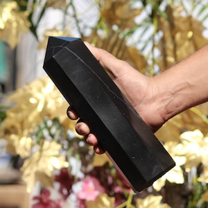 A+ 255MM Natural Black Tourmaline Tower Metaphysical Meditation Energy Stone Meditation 8 Faceted Large Obelisk Tower
