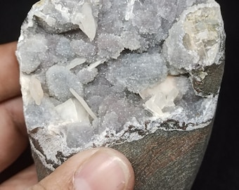 A Grade Blue Chalcedony Cluster: Calcite Coated Geode Display Piece