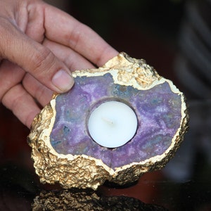 Amazing Purple Amethyst Candle Holder Golden Plated Healing Power Stone Meditation Candles Holder image 4