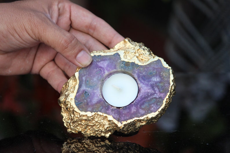 Amazing Purple Amethyst Candle Holder Golden Plated Healing Power Stone Meditation Candles Holder image 4