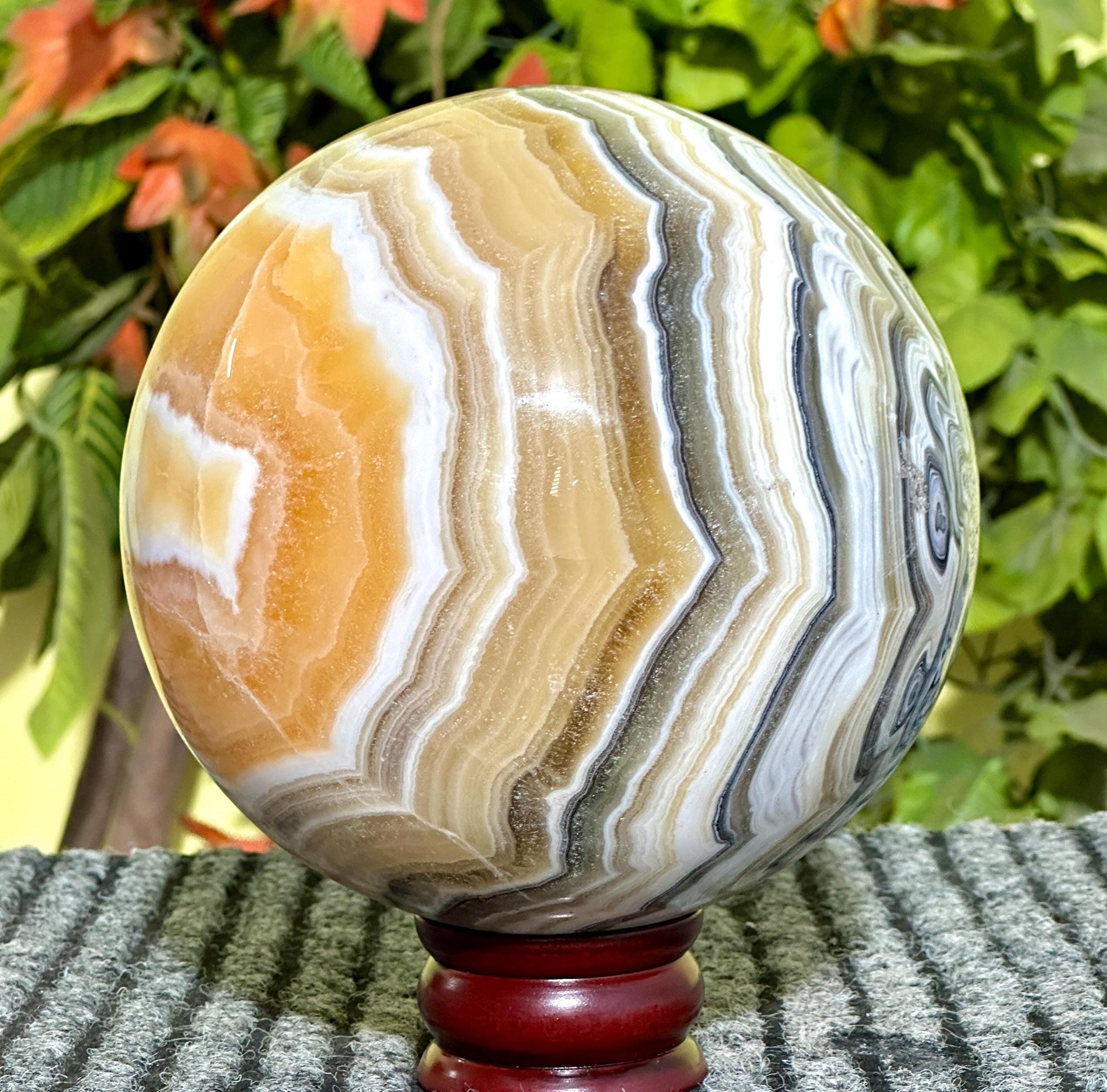 AAA+ Naturallarge Zebra Calcite Sphere: Banded Crystal Display