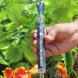 Amazing Large 7 Chakra Stone BLUE LAPIS LAZULI Wand Crystal 8 Faceted Power Point Energy Gemstone With Small Angel  Wand Stick