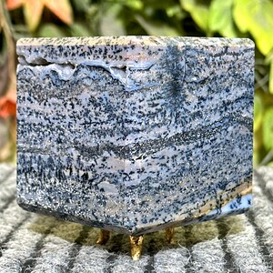 Puede incluir: Un cubo de ágata dendrítica azul y blanca con un soporte de metal dorado. El ágata tiene un patrón de dendritas negras en espiral.