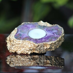 Amazing Purple Amethyst Candle Holder Golden Plated Healing Power Stone Meditation Candles Holder image 2