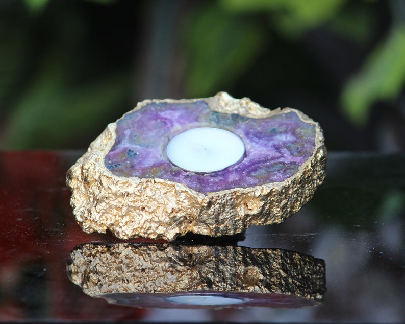 Amazing Purple Amethyst Candle Holder Golden Plated Healing Power Stone Meditation Candles Holder image 2