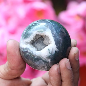 60MM Green Druzy MOSS AGATE Sphere Healing Chakra Charged Power Geode Moss Agate Sphere Ball