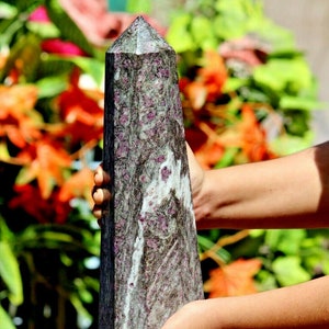 Peut inclure: Une grande pointe de cristal de couleur pourpre foncé et verte avec une pointe pointue. Le cristal a un aspect moucheté avec de petites inclusions blanches et violettes.