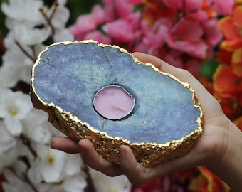 Beautiful Natural Golden Plated Blue Lace Agate Candle Holder Healing Chakra Candle Holder