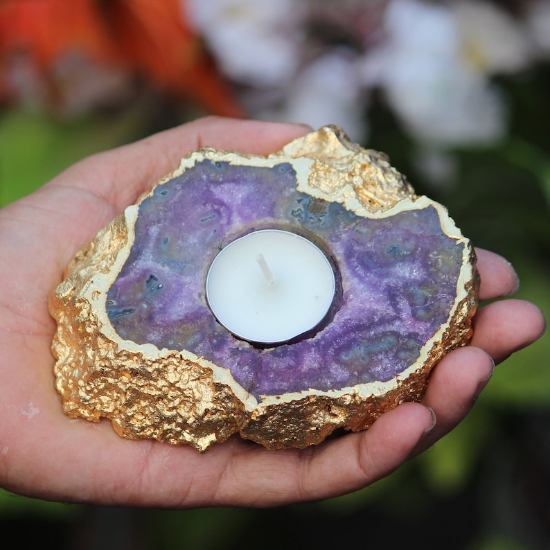 Amazing Purple Amethyst Candle Holder Golden Plated Healing Power Stone Meditation Candles Holder image 1