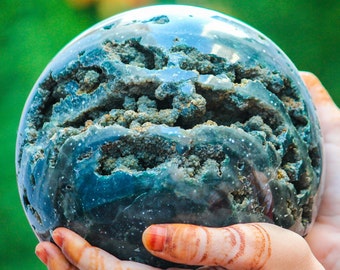 Huge 160MM Amazing Druzy Green Ocean Jasper Crystal Sphere Healing Charged Metaphysical Aura Decorative Piece Sphere Ball