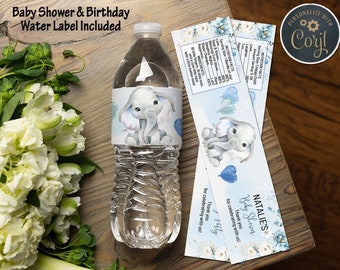 Elephant baby shower water label blue floral birthday water label for baby boy