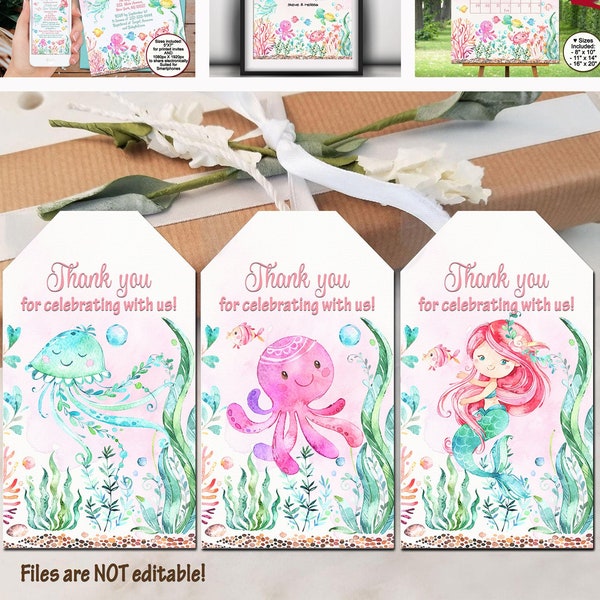 Baby Shower tags Pink under the sea birthday DIY set of tags tag party bag décor table decoration guests gift tag labels digital tags