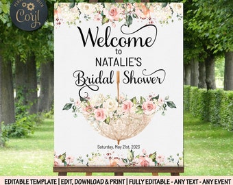Umbrella Bridal wedding shower Welcome Sign spring floral bachelorette Poster pink roses peonies editable baby decor sign Decoration