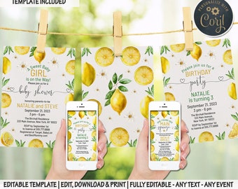 Lemons Baby Shower Invitation girl Lemon Digital Invite Sweet lemon mobile phone invitation