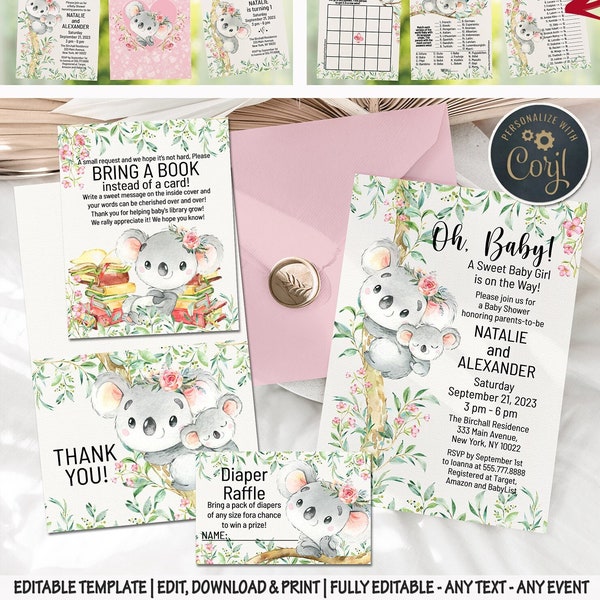Koala Baby Shower Invitation Digital pink baby girl birthday Invite Diaper Raffle Bring A Book Ticket Thank you mommy and baby invite