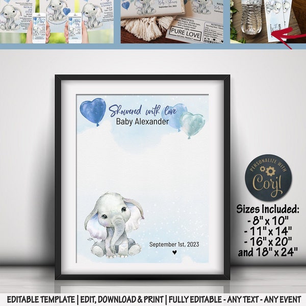 Elephant baby shower thumbprint alternative guest book blue floral fingerprint nursery decoration birthday keepsake for baby boy