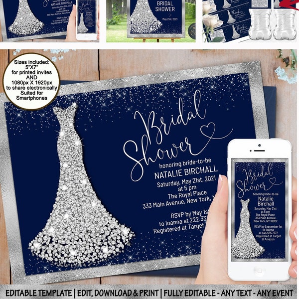 Bridal shower invitation diamond wedding dress invite mobile phone electronic bachelorette evite template navy blue silver bridal invitation