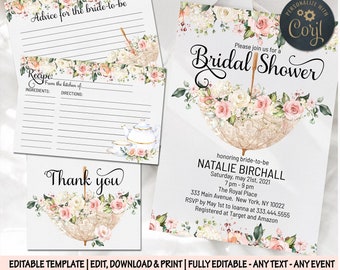 Umbrella bridal shower invitation pink peonies editable wedding bachelorette invite Pink roses spring advice for bride recipe thank you card