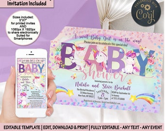 Unicorn Baby Shower invitation Birthday invite printable invite baby girl baptism invitation digital pink purple Rainbow invitation