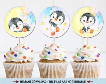 Penguin Baby Shower cupcake toppers Birthday baptism round tags thank you tag party bag décor table decoration digital tags