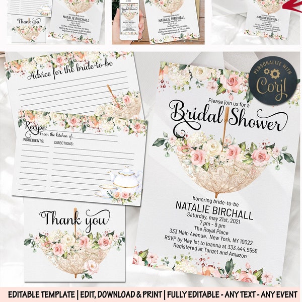 Umbrella bridal shower invitation pink peonies editable wedding bachelorette invite Pink roses spring advice for bride recipe thank you card