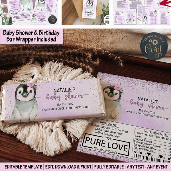Penguin baby shower Bar Wrapper Template Birthday Candy Bar purple chocolate Bar Wrapper baby shower birthday Favor wrapper