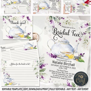 Lavender Tea bridal shower invitation purple floral teapot editable wedding bachelorette invite spring advice bride recipe thank you card