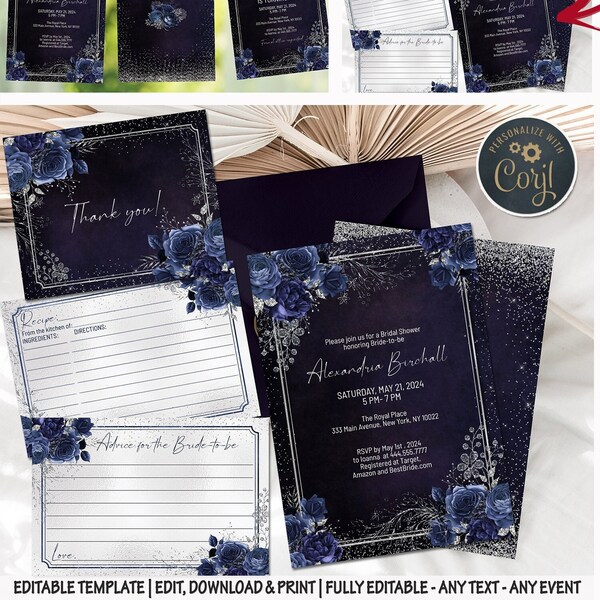 Navy Blue Bridal Shower Invitation - Roses Thank you Card - Recipe Card - Editable Advice for the Bride-to-be