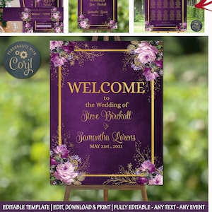 Wedding Welcome Sign editable purple gold roses welcome template bridal shower welcome Wedding decoration ceremony decor