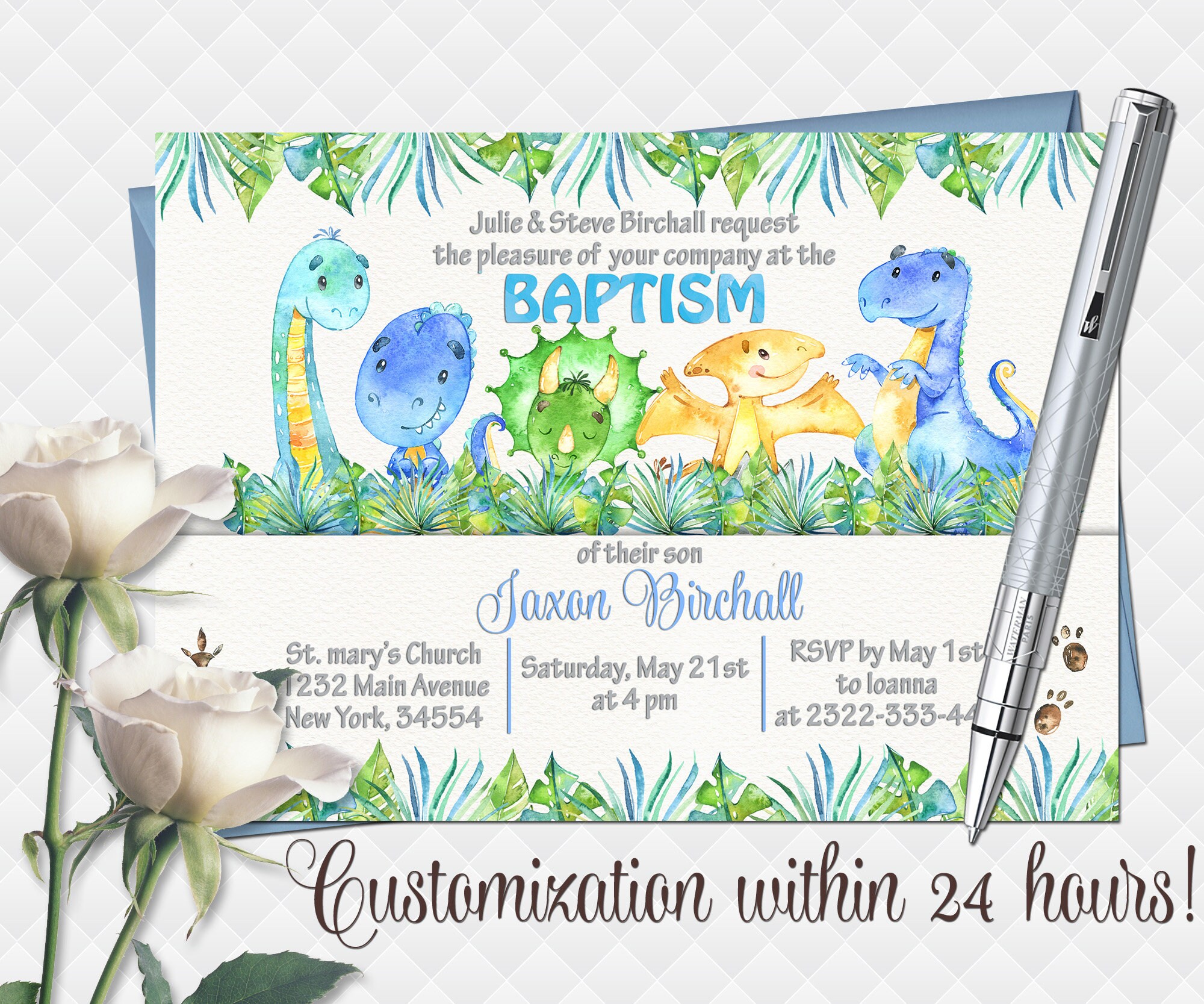 Baptism Invitation Dinosaurs Invite Template dinosaur Etsy