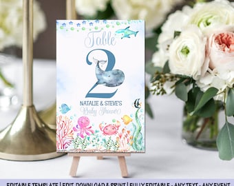 Baby Shower table numbers editable under the sea birthday baptism table numbers reception table numbers cards baby shower table numbers