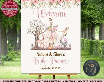 Woodland Baby Shower Welcome Sign boho bohemian sign pink brown bunny fox Welcome Poster animals Welcome to baby shower Signs for baby girl