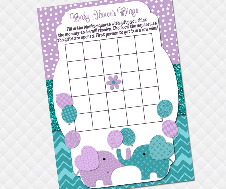 Elephant Game package baby shower purple teal activities for guests Bingo What/'s in Your Purse Quiz Celebrity Animals Pass the gift pack