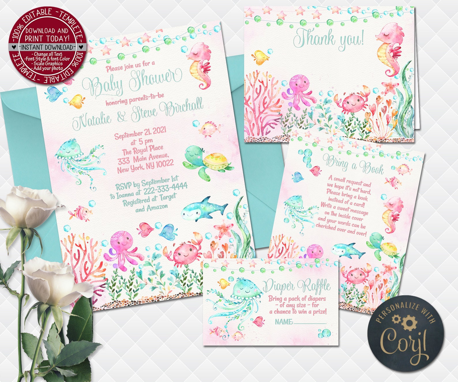 Under the sea baby shower editable invitation set girl invite Etsy