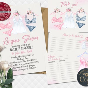 Lingerie bridal Shower Invitation Bachelorette Party Invite set Bride to Be Template activities for the guests recipe advice card
