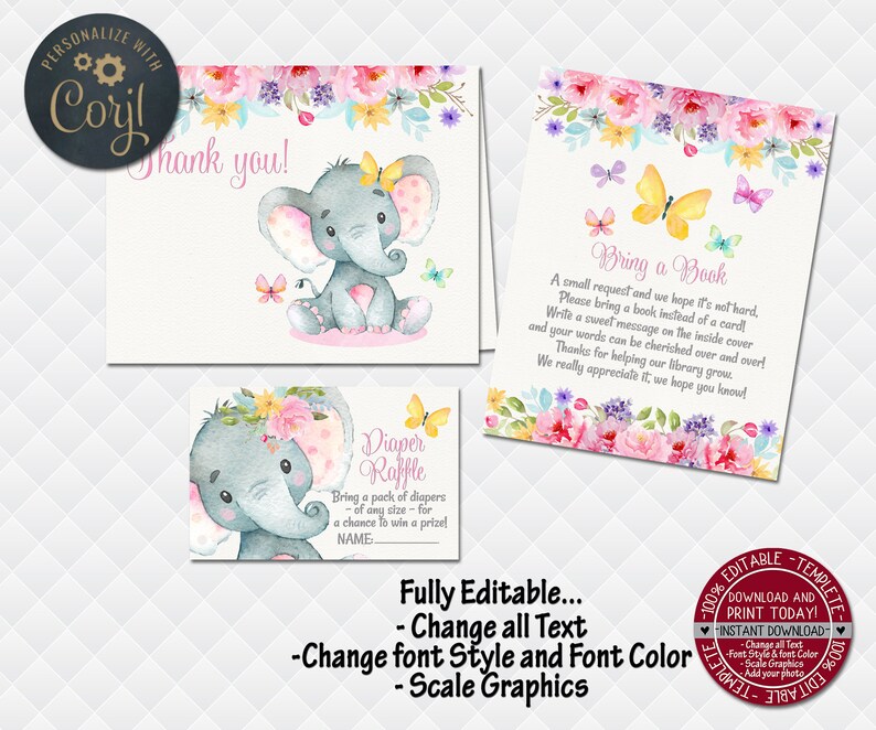 Elephant With Butterflies Baby Shower Invitation Editable Pink Etsy