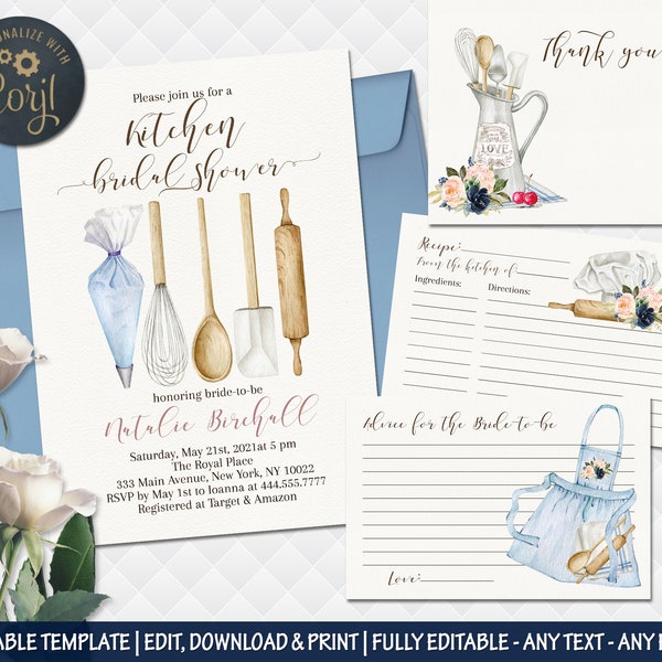 Blue Kitchen Bridal Shower Invitation - Stock the Kitchen Invite - Baking Invitation -  Advice for bride - Recipe and Thank you Cards