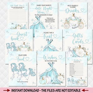 Cinderella Princess Bridal Shower signs -  Bridal Shower Decoration - Guest Book, Food, Drinks, Treat, Wishes Signs - Date Night Ideas cards