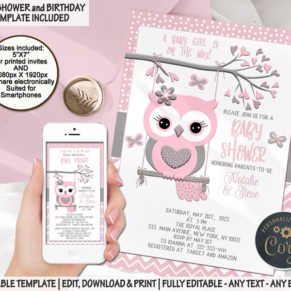 Owl baby shower invitation pink gray birthday party invite for baby girl editable digital smartphone mobile phone template polka dot