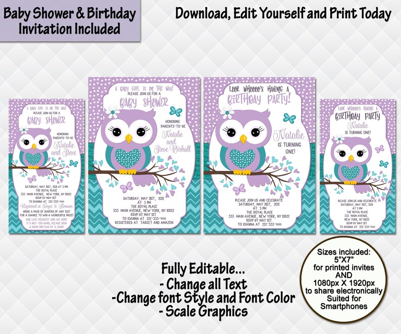 Owl Baby Shower Invitation Purple Teal Turquoise Birthday Etsy