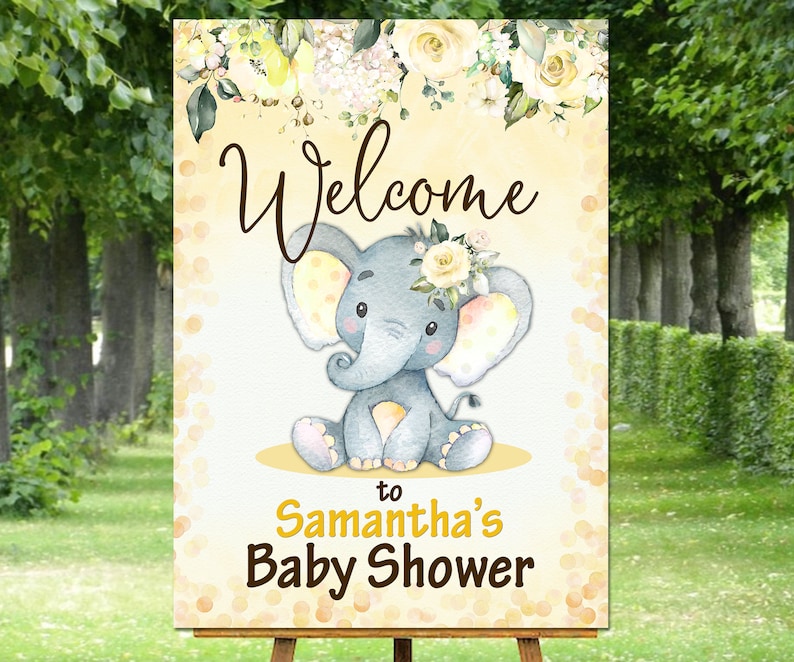 Welcome Sign elephant baby shower welcome sign baptism welcome sign birthday party welcome sign baby girl yellow brown roses sign