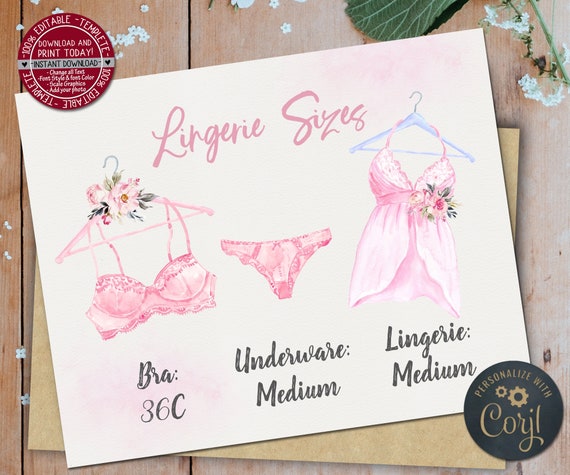 Pink Lingerie Size Card Lingerie Size Insert Bride's Measurements Card  Lingerie Shower Insert Bra and Panty Size Card Editable Underwear 