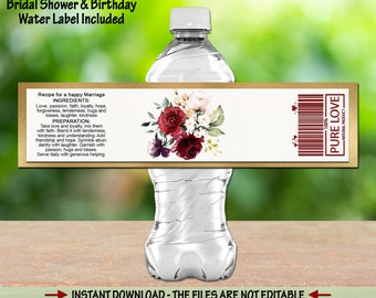 Marsala water Bottle Labels bridal wedding shower birthday water stickers pink red peonies roses water Bottle Wrappers bachelorette Favor