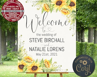 Sunflowers Wedding Welcome Sign floral Sunflower Welcome Poster Garden yellow green flowers editable Welcome wall Decor wedding print