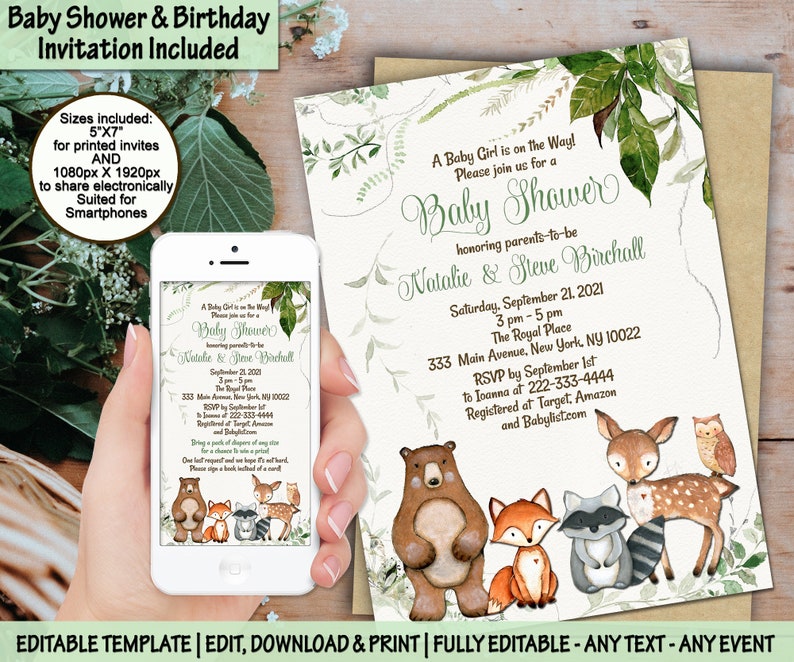 Woodland baby shower invitation twins greenery invite boy girl neutral colors Owl fox bear floral green brown leaves forest