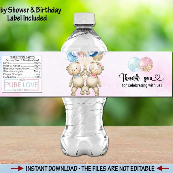 Twins teddy bear water Bottle Label blue pink gender reveal baby boy girl shower water sticker Bottle Wrappers Birthday Favor bottle wrapper