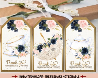 Tea Bridal Shower birthday Wedding shower baby shower bachelorette tags pink navy roses tags gift bag thank you tag labels