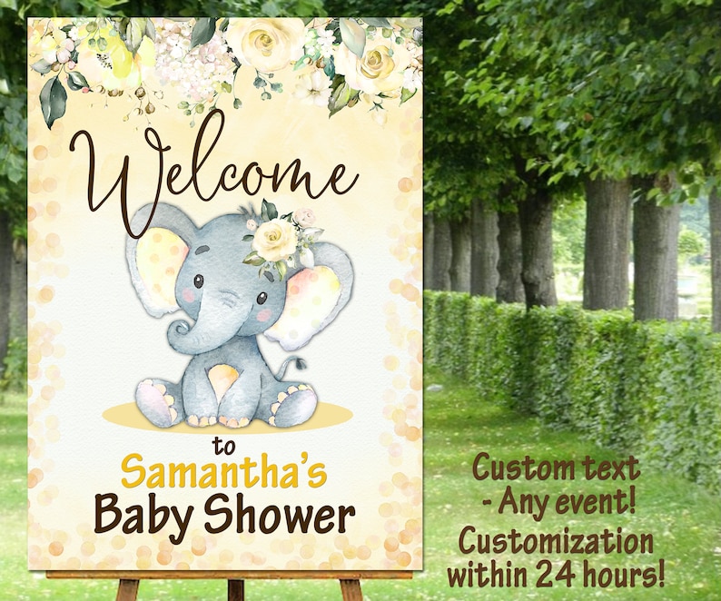 Welcome Sign elephant baby shower welcome sign baptism welcome sign birthday party welcome sign baby girl yellow brown roses sign