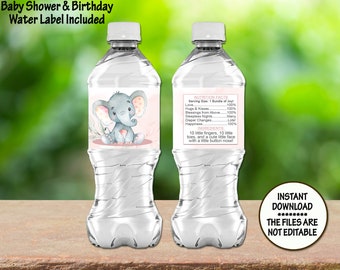 Elephant pink roses water Bottle Labels girl baby shower Birthday water stickers Bottle Wrappers baby shower Favor bottle wrappers