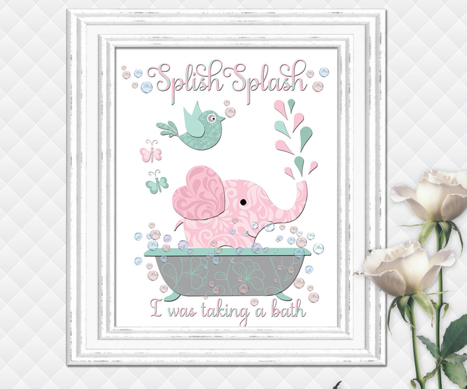 Elephant Bathroom wall art pink turquoise kids bath wall Etsy